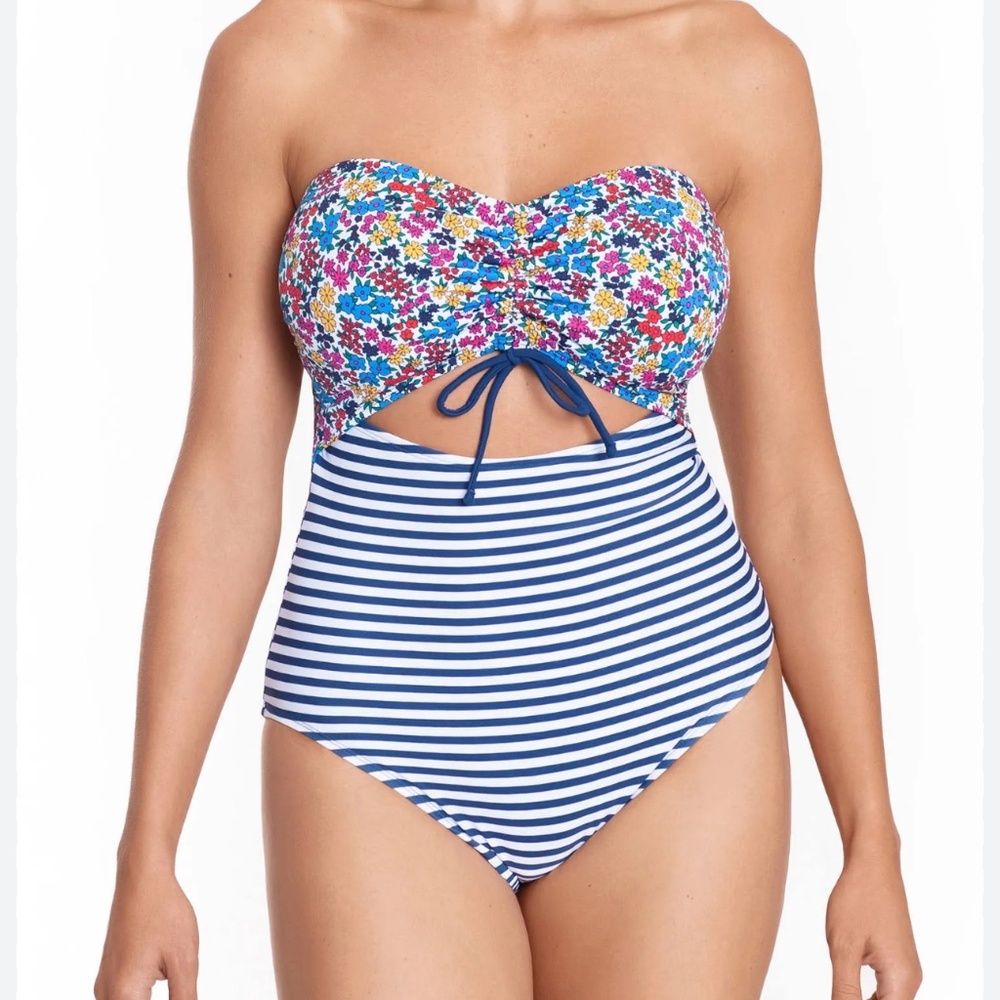 Time & Tru Women's Size Ditzy Daisy Stripe One Piece Swimsuit